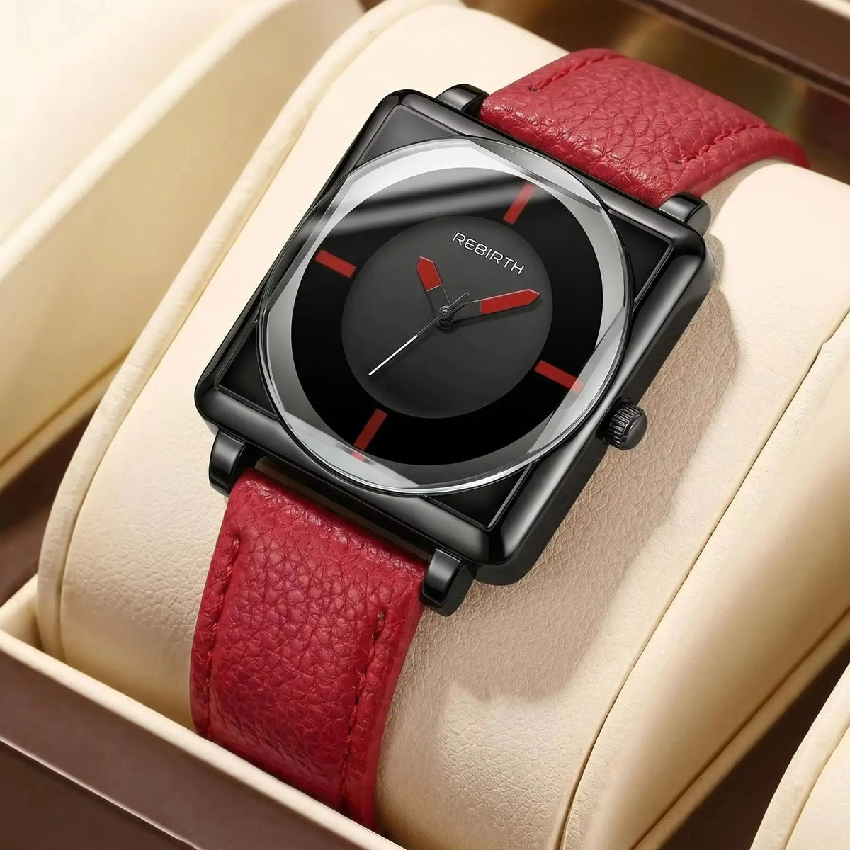 REBIRTH Women's Retro Square Quartz Watch – Leather Strap Women's Quartz Watch Nixie