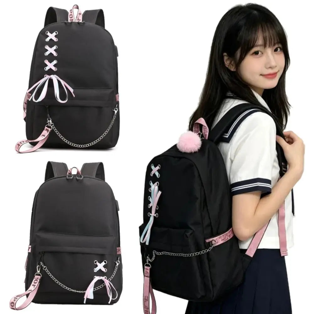 Large Oxford Cloth Laptop Backpack – Silk Ribbon & Chain Design Laptop Backpack Nixie