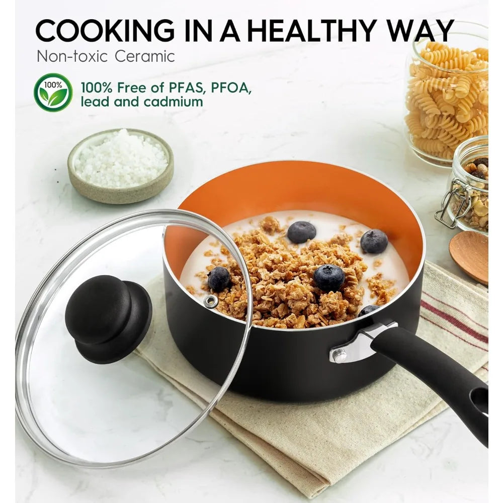 MICHELANGELO 1QT & 2QT Ceramic Non-Stick Pot Set + Steamer Ceramic Cookware Set Nixie