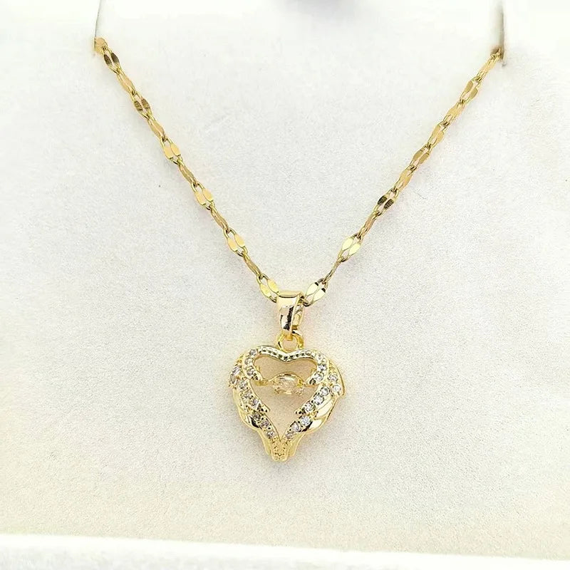 Copper Heart Wings Pendant Necklace | Steel Clavicle Chain Pendant Necklace Nixie XL1997-19
