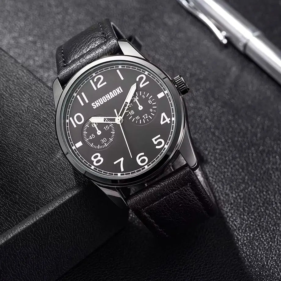 REBIRTH Retro Men's Quartz Watch – Black Leather Strap Large Dial Men's Quartz Watch Nixie