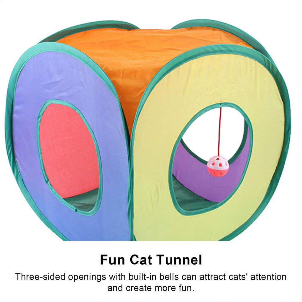 Foldable Square Cat Tunnel Toy with Bells – Rainbow Play Cube