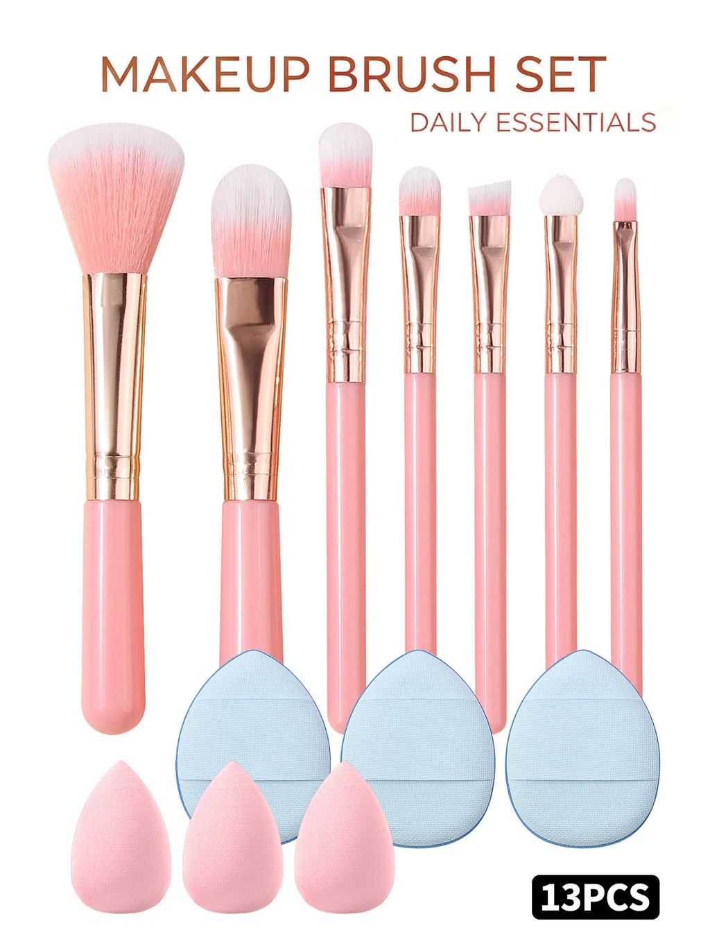 13-Piece Makeup Brush Set with Sponges & Powder Puffs Makeup Brush Set Nixie Pink