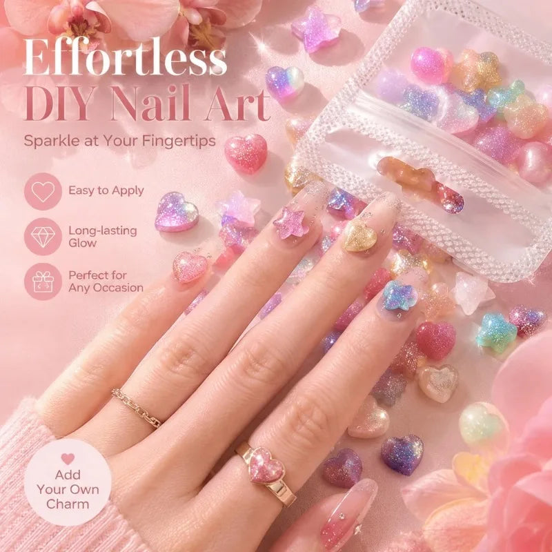 30Pcs 3D Kawaii Nail Charms – Heart Star Iridescent Glitter Kit Nail Art Charms Nixie