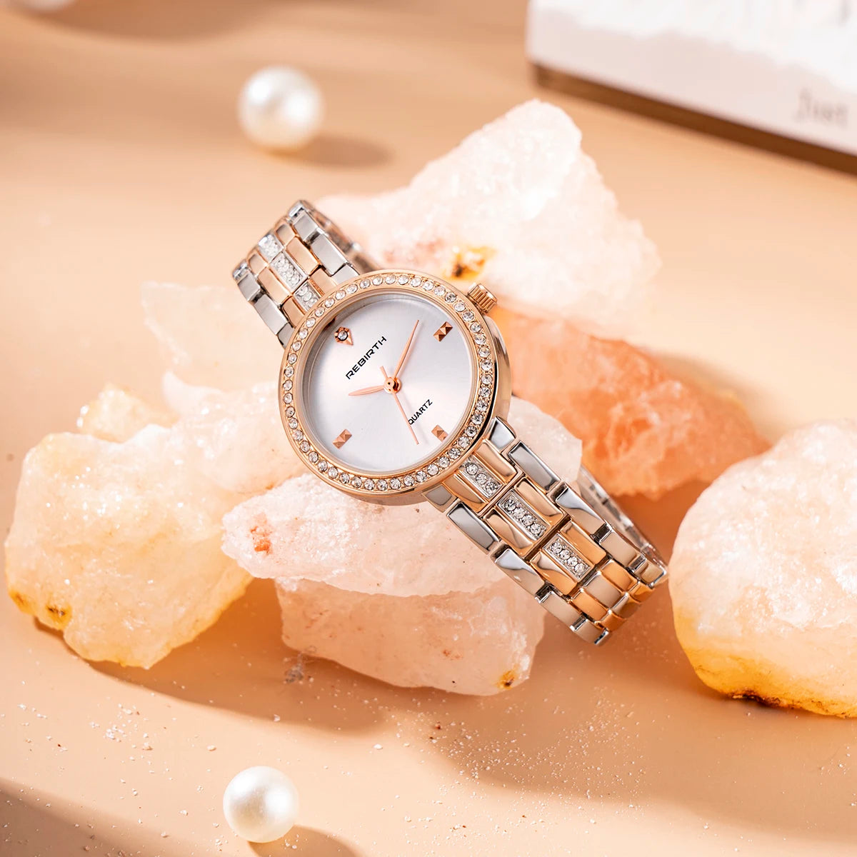 REBIRTH Women's Rose Gold Quartz Watch Diamond Bezel | Gift Women's Quartz Watch Nixie