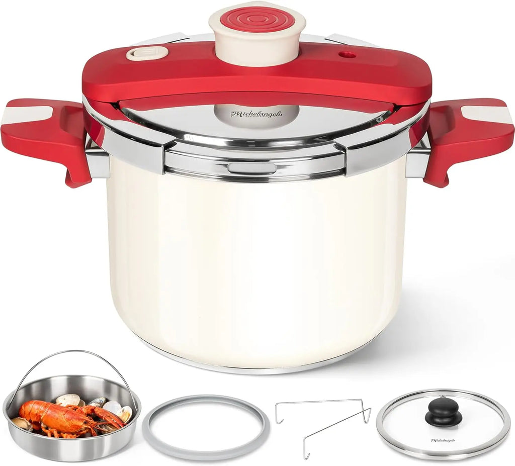 MICHELANGELO Stainless Steel Pressure Cooker 6L 8L – Induction Ready Pressure Cooker Nixie Milky white 8L