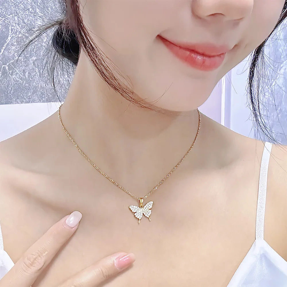 Butterfly Zircon Pendant Necklace | Gold & Silver Stainless Steel Pendant Necklace Nixie