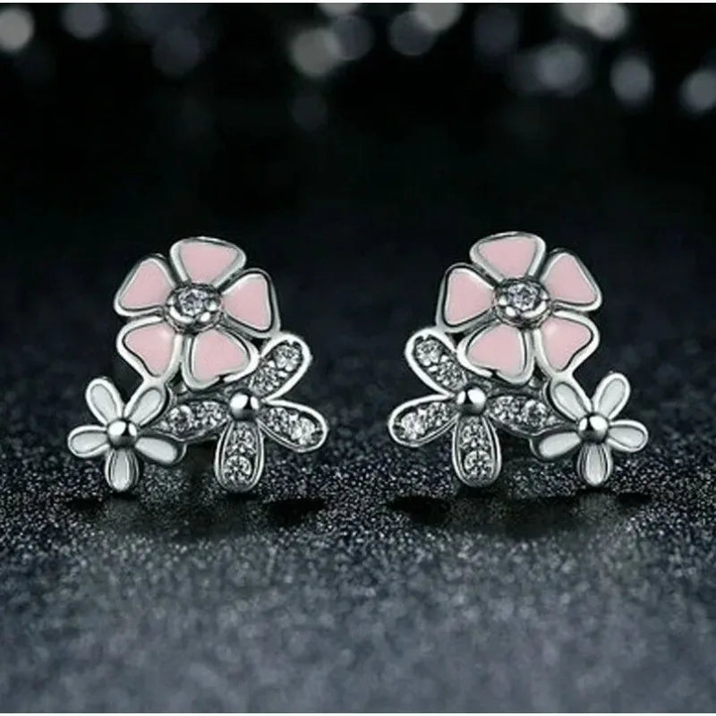 Silver Floral Daisy Zircon Stud Earrings – Pink & Peach Stud Earrings Nixie