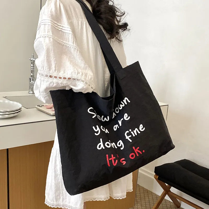Korean Minimalist Letter-Print Nylon Tote Shoulder Bag Women Nylon Shoulder Tote Nixie black