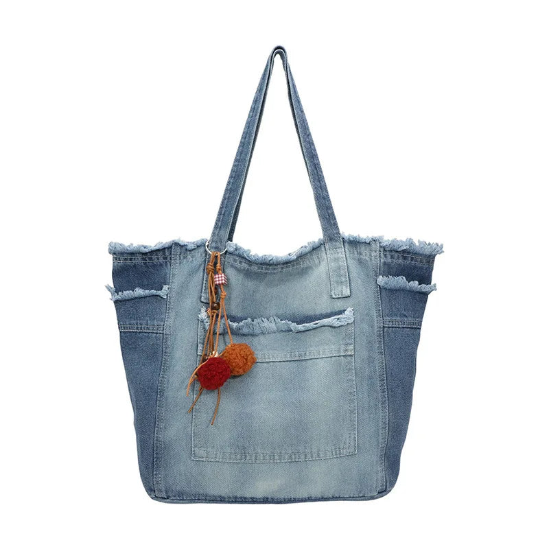Japanese Washed Denim Tote Bag – Large Women's Shoulder Bag Denim Tote Bag Nixie