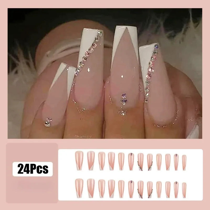 24Pcs Long Ballet French Press On Nails – White Acrylic Set Press On Nails Nixie 24PCS