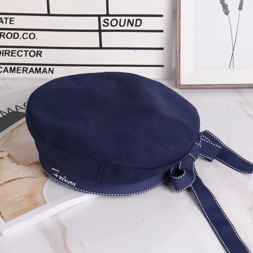 Japanese Sailor Hat Ribbon Bowknot Letter Embroidery Octagonal Cap Sailor Hat Nixie Navy Blue