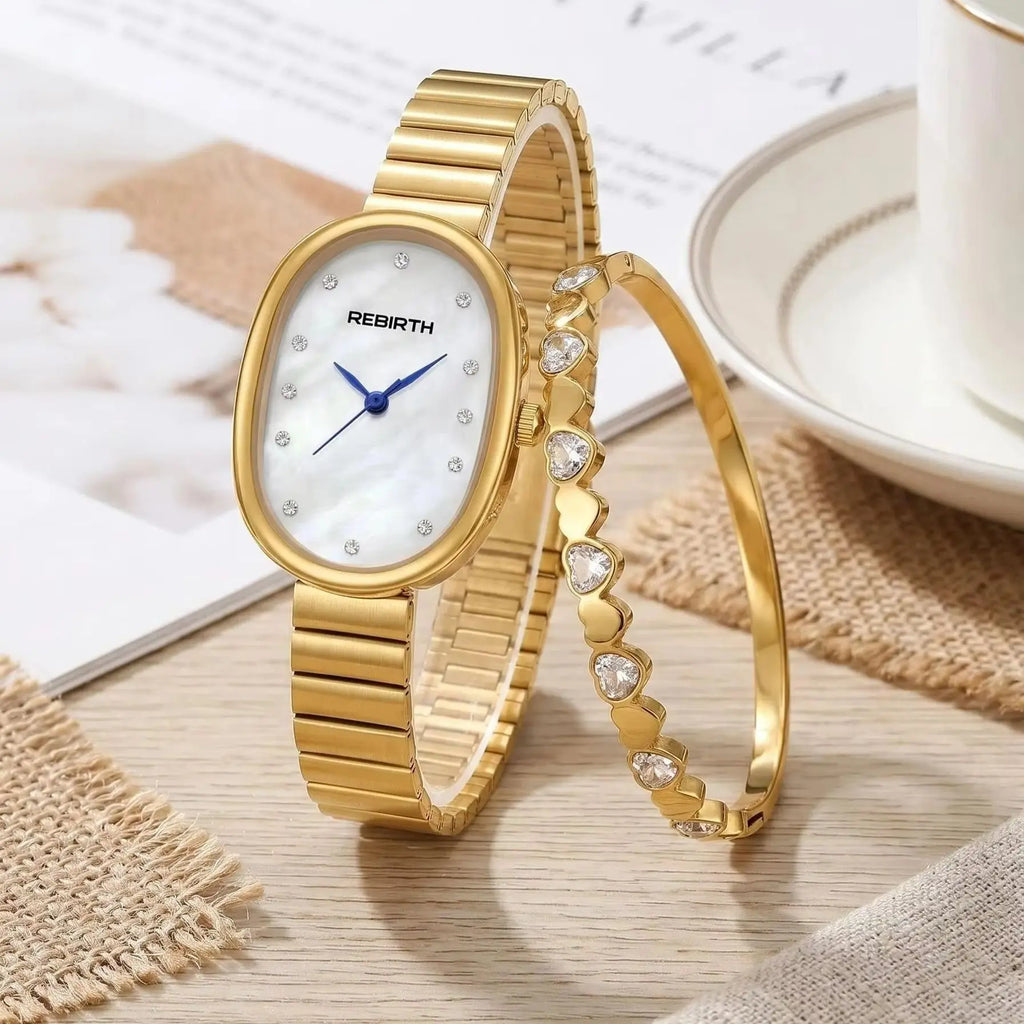 Women's Gold Watch & Bracelet Set – 2-Piece Quartz Fashion Women's Watch Set Nixie