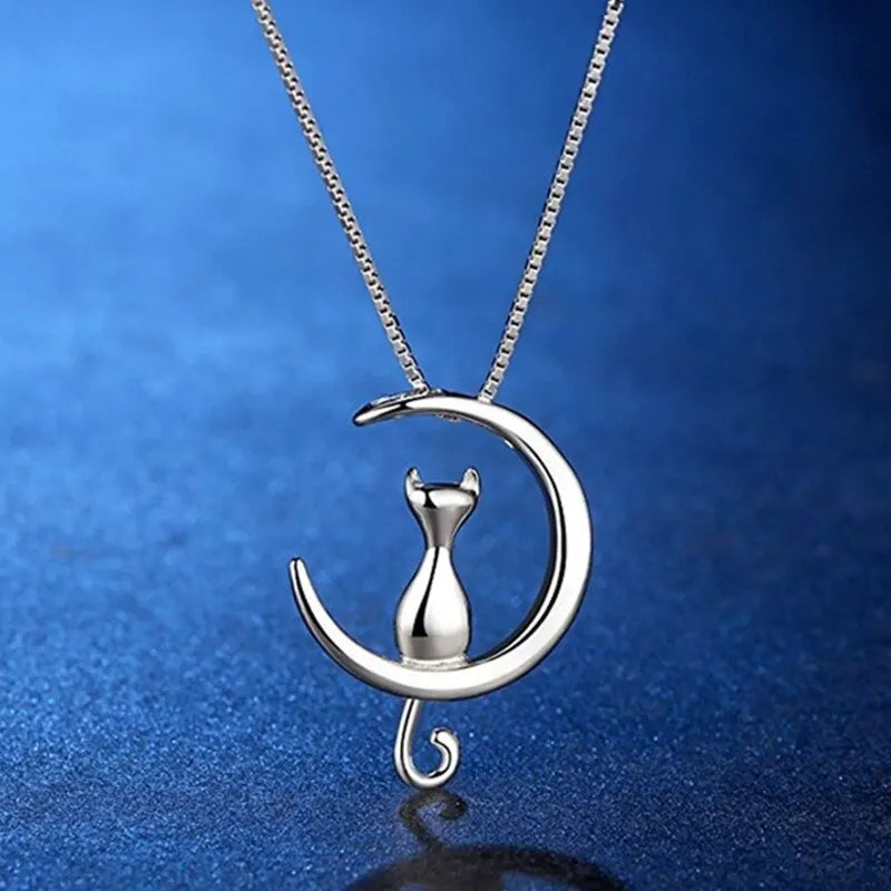 Women's Moon Cat Pendant Necklace | Celestial Gift Jewelry Pendant Necklace Nixie