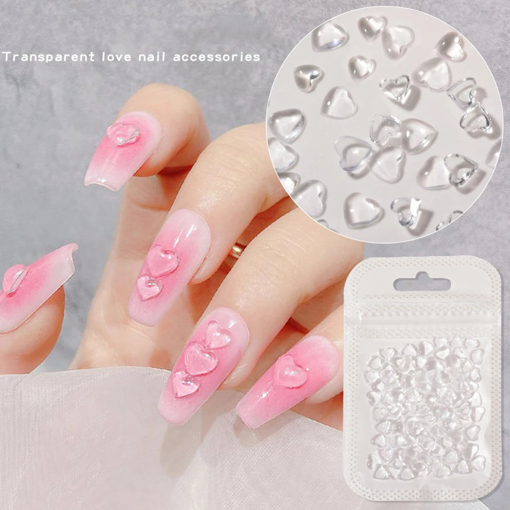 100pcs 3D Heart Nail Art Charms – Clear Acrylic DIY Decals Nail Art Charms Nixie