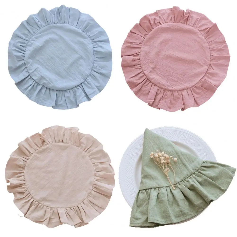 Rustic Round Placemat Ruffled Trim Washed Cotton Table Mat 15"