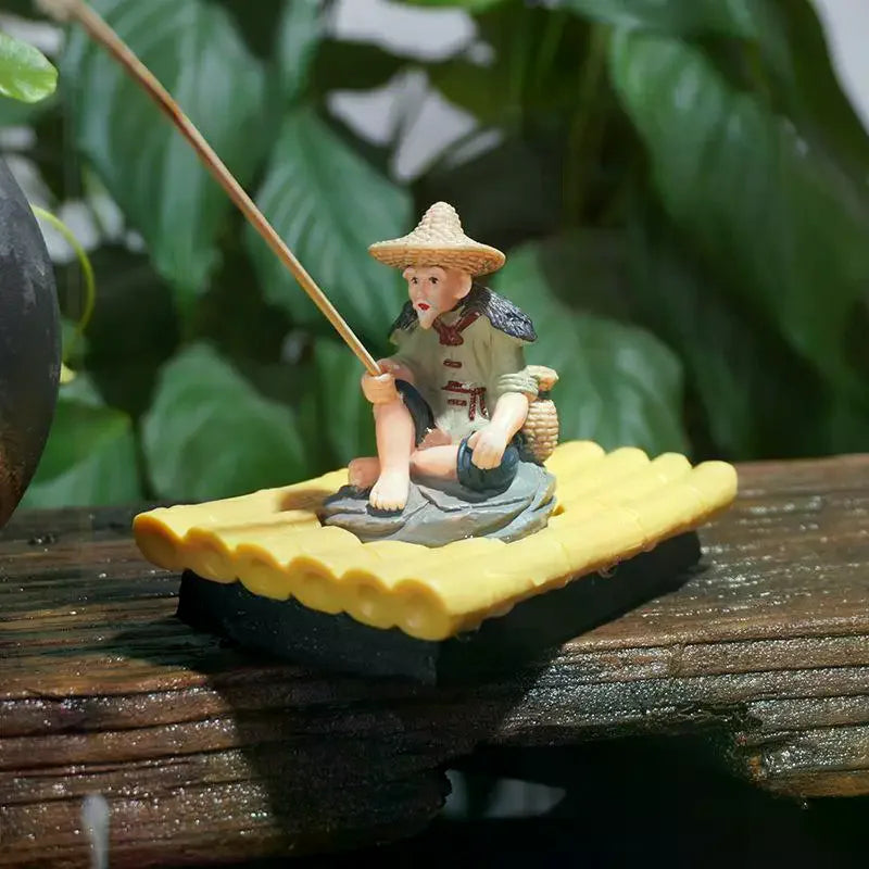 Bamboo Raft Fisherman PVC Figurine | Pond & Aquarium Decor Garden Figurine Nixie
