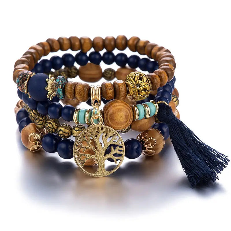 4pcs Vintage Boho Bracelet Set – Beads, Tassel & Leaf Pendant Bangle Bracelet Set Nixie