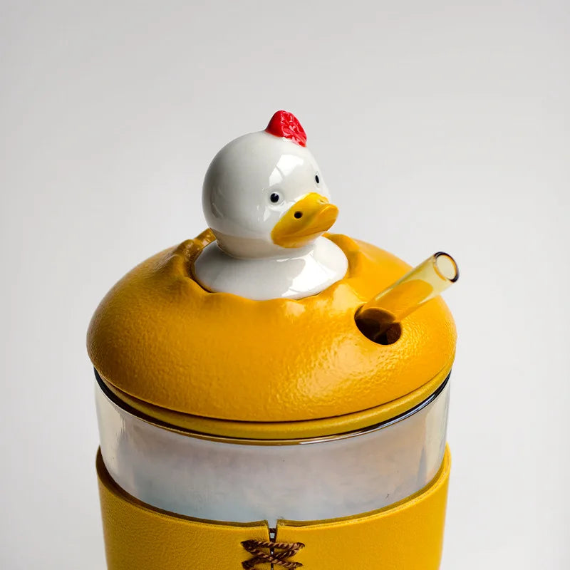 Happy Duck Glass Straw Cup 350ml – Tea Infuser with Lid Glass Straw Cup Nixie