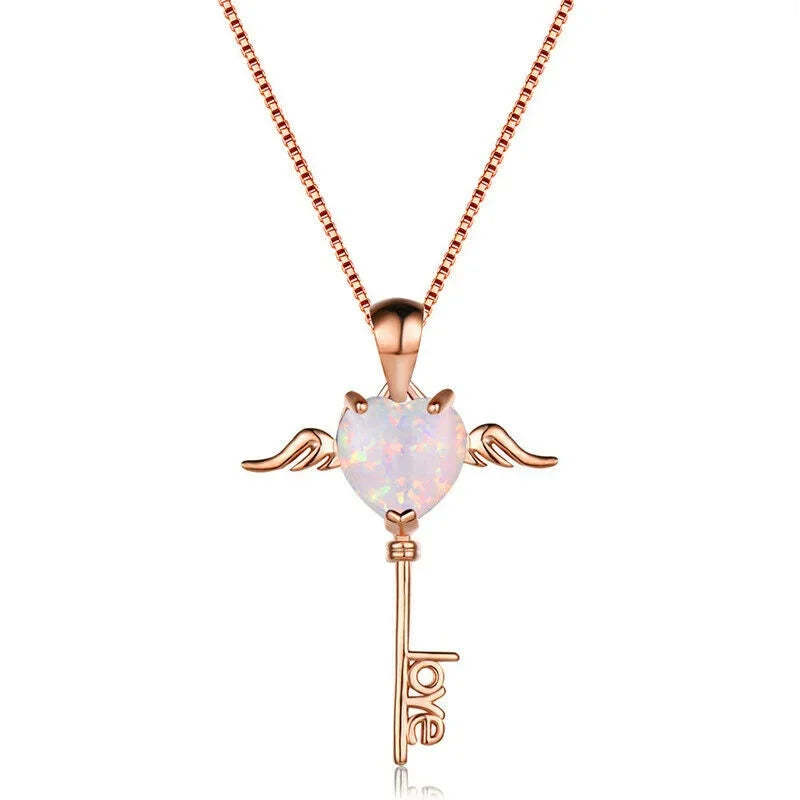Silver Key Heart Simulated Opal Pendant Necklace for Women Pendant Necklace Nixie