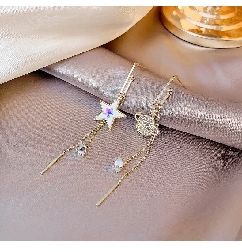 Pentagram Tassel Asymmetrical Drop Earrings – Gold Plated