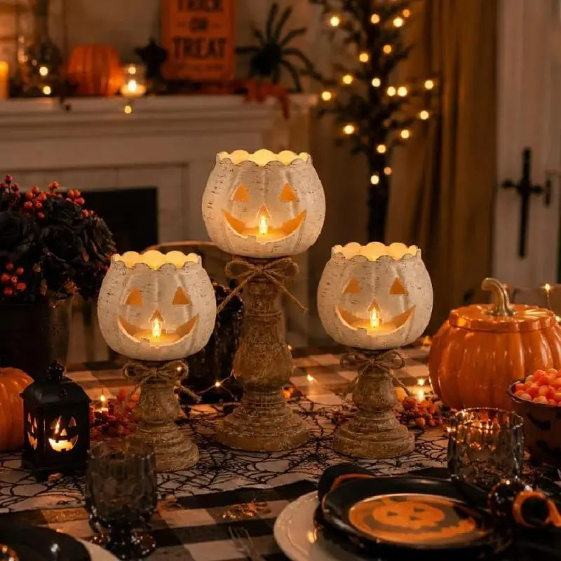 Pumpkin Jack-O'-Lantern Resin Candle Holder | Halloween Decor Candle Holder Set Nixie
