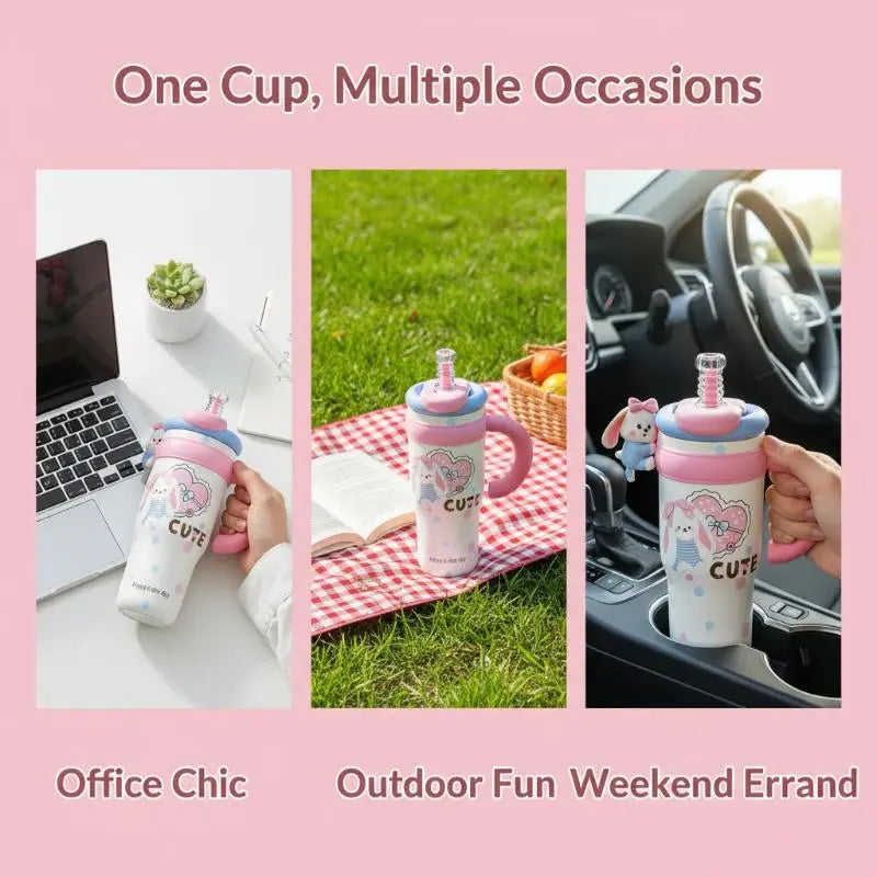 1250ml Cartoon Insulated Tumbler with Straw & Handle Insulated Tumbler Nixie