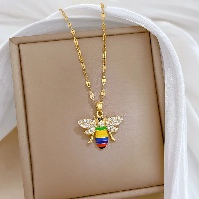 Gold Bee Pendant Choker Necklace – Stainless Steel & Zircon Pendant Choker Necklace Nixie