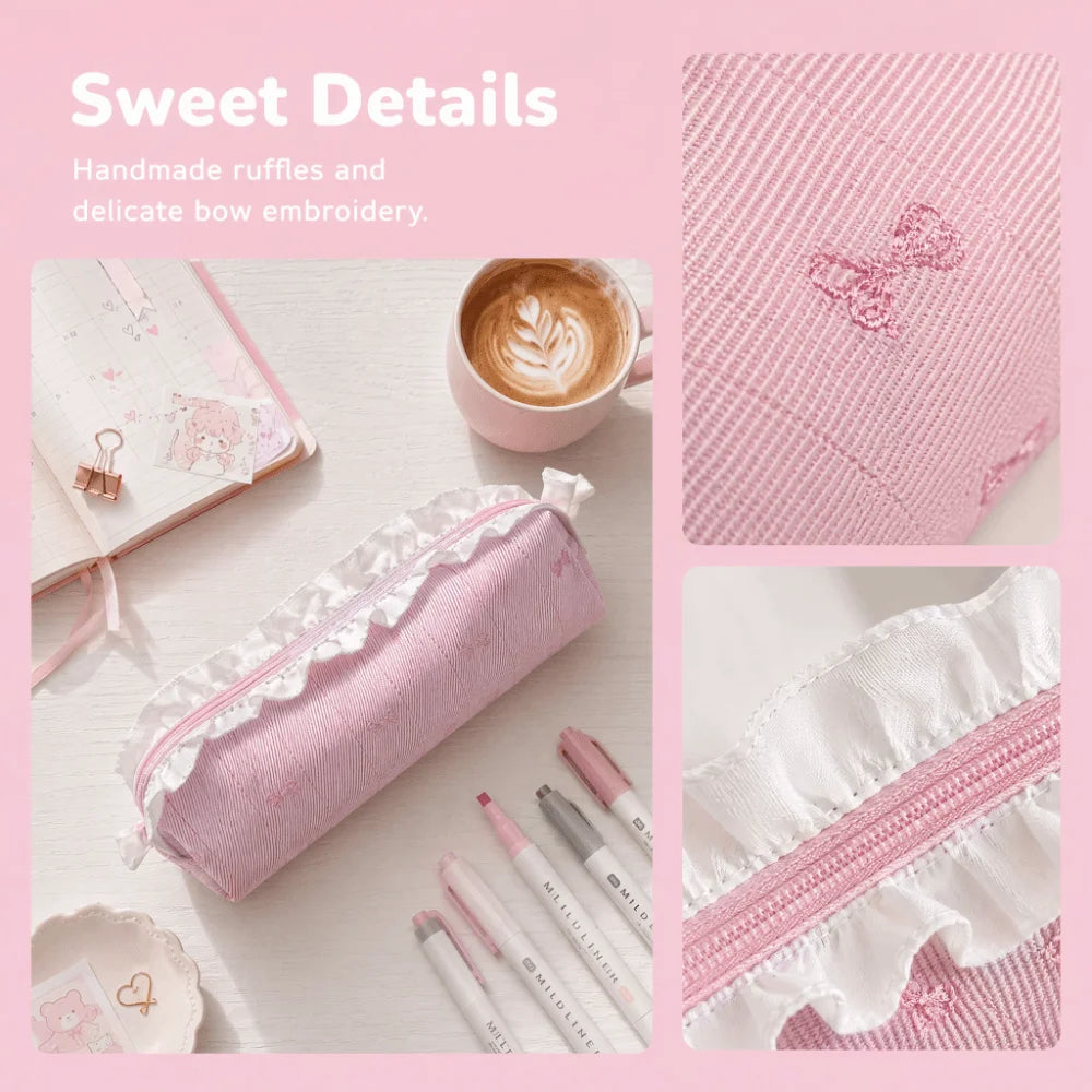 Korean Ballet Pencil Case Ruffle Lace Bow Embroidery Pen Bag Pencil Case Nixie