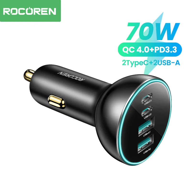 Rocoren 70W 4-in-1 Car Charger USB-C QC4.0 PD3.0 Fast Charge