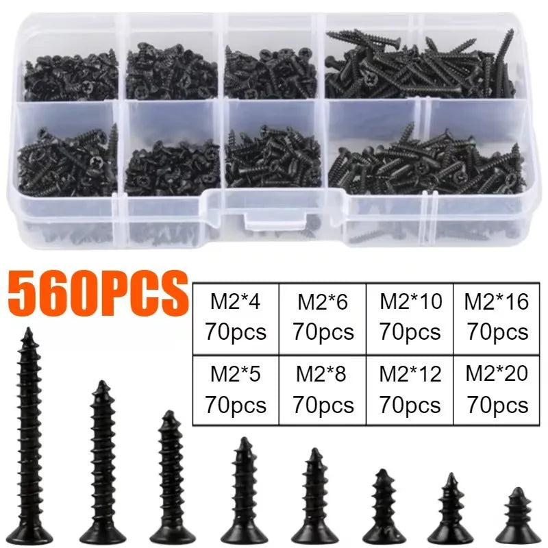 560pcs M2 Carbon Steel Phillips & Flat Head Screws Assortment Screw Assortment Kit Nixie black-560pcs M2