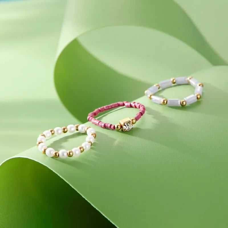 3-Piece Pearl Beaded Bohemian Rings Set – Purple Party Jewelry