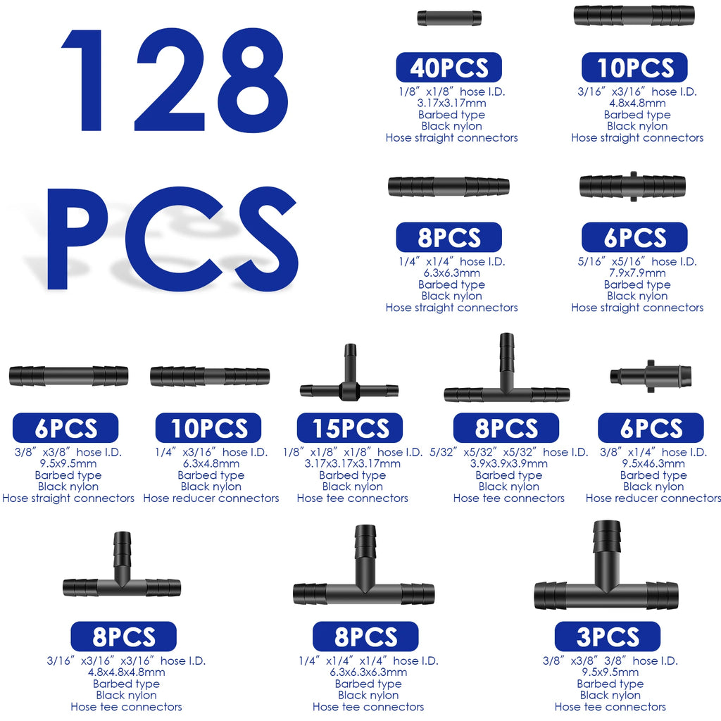 128pc Nylon Vacuum Connector Kit – 12 Sizes Hose Fittings Vacuum Hose Fittings Nixie
