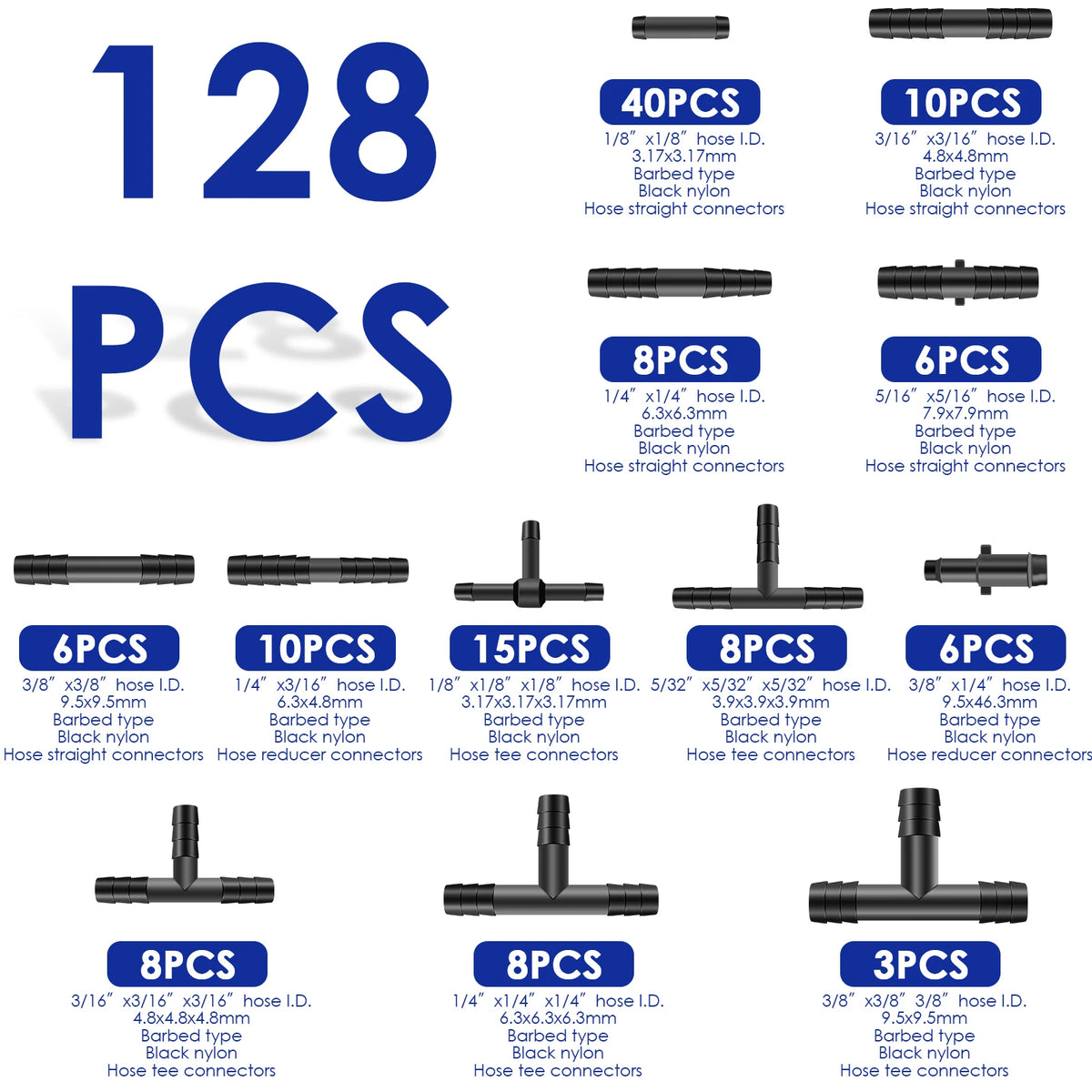 128pc Nylon Vacuum Connector Kit – 12 Sizes Hose Fittings Vacuum Hose Fittings Nixie
