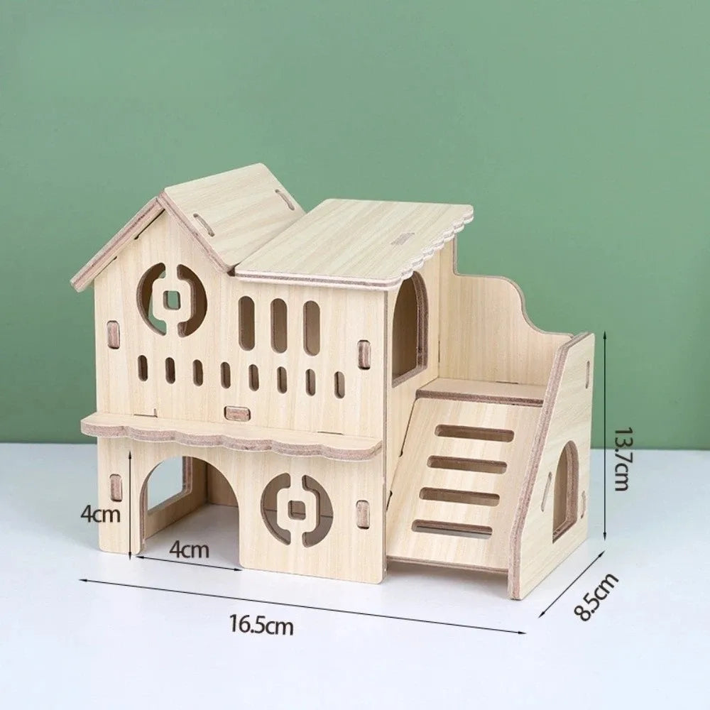 Wooden Hamster Villa House – Chewable Climb & Swing Cage Toy