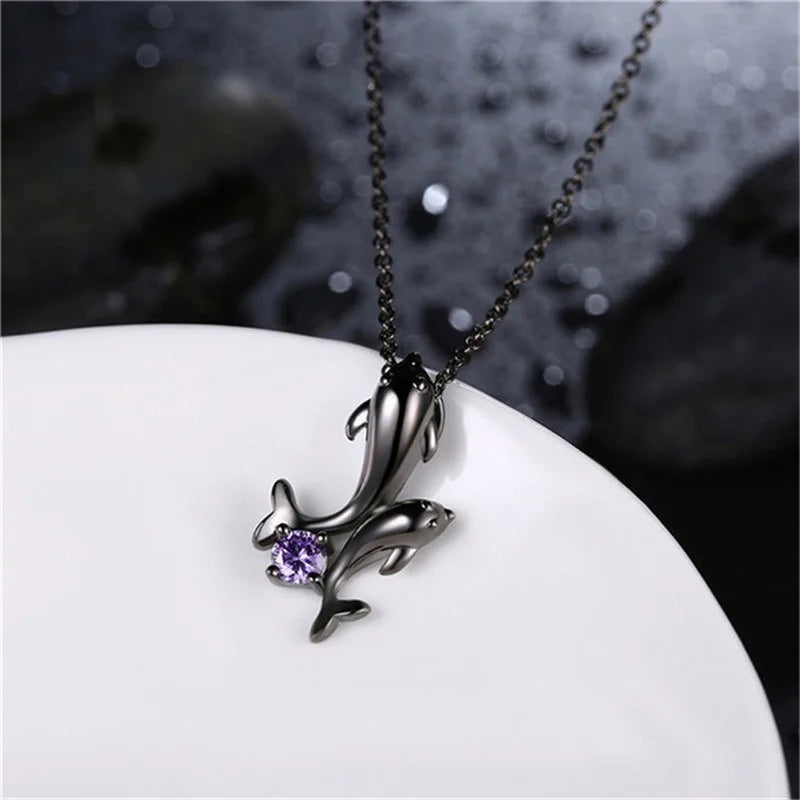 Double Dolphin Rhinestone Pendant Necklace – Silver Black Gold Pendant Necklace Nixie