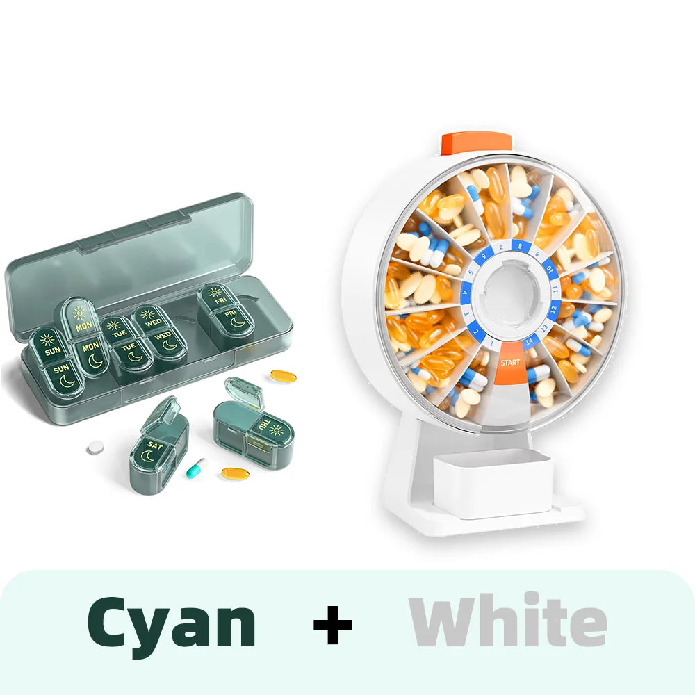 14-Day & 7-Day Pill Organizer Set – Home & Travel Case Pill Organizer Set Nixie Cyan-White