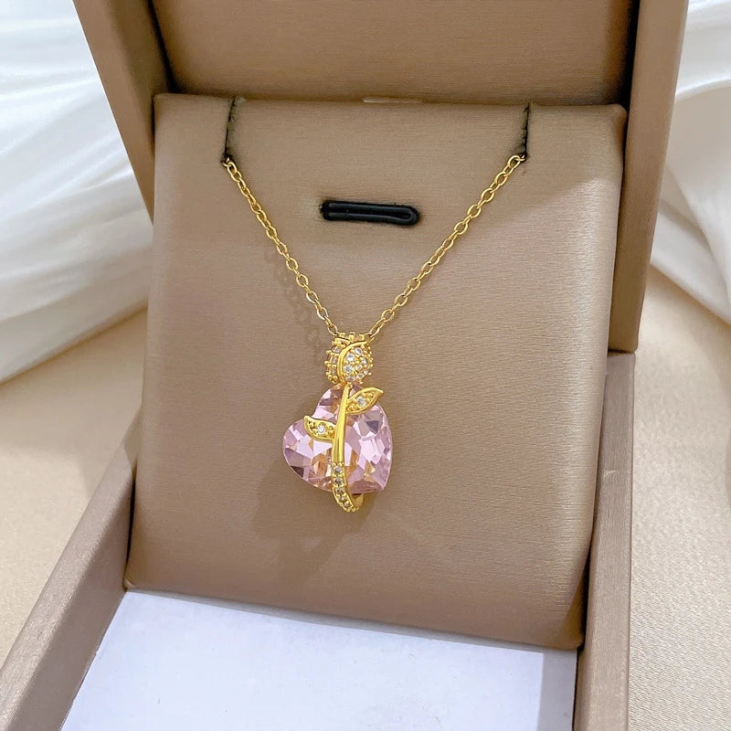 Pink Heart Rose Pendant Necklace – Sparkling Zircon Choker Pendant Necklace Nixie