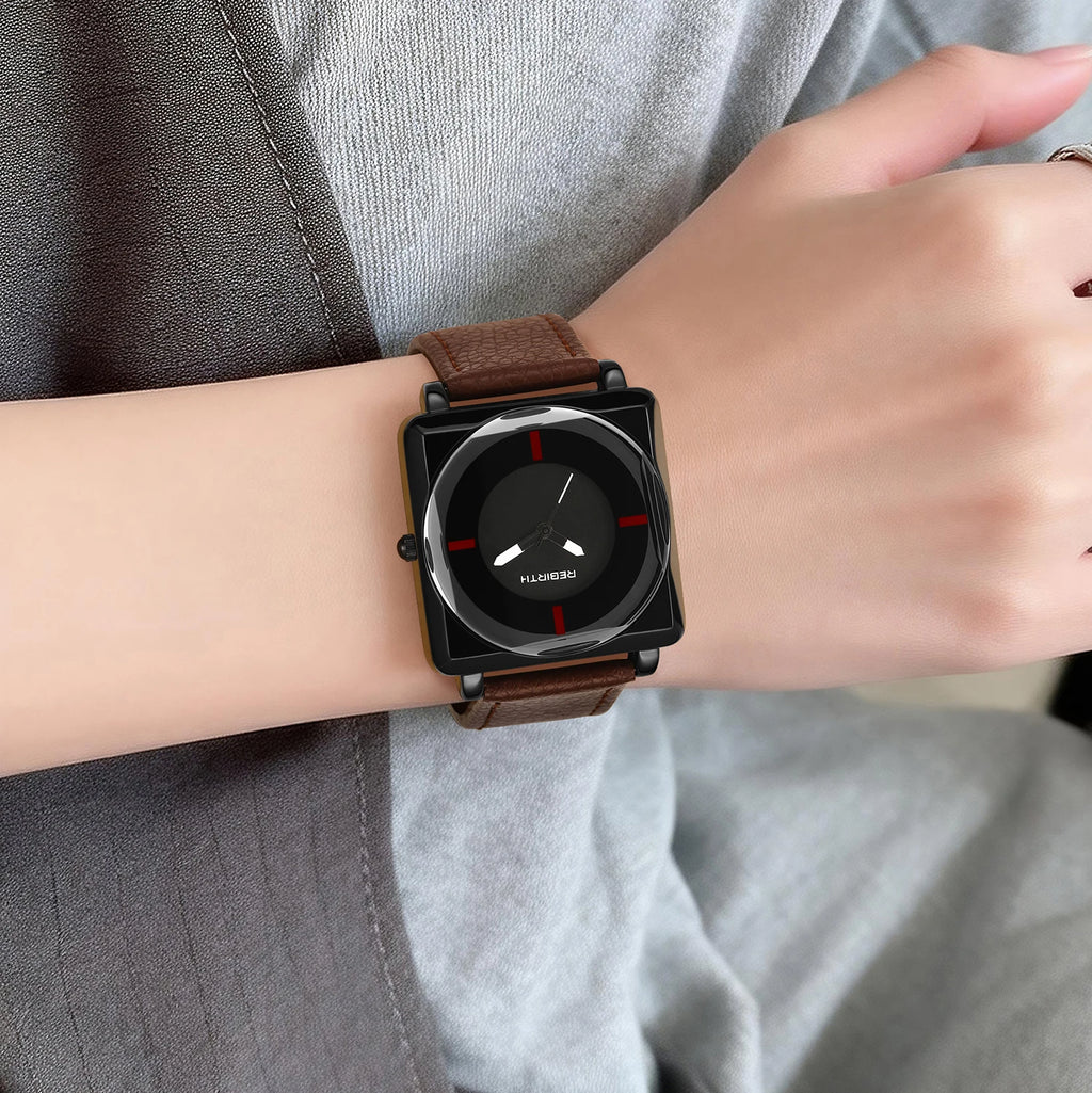 REBIRTH Women's Retro Square Quartz Watch – Leather Strap Women's Quartz Watch Nixie