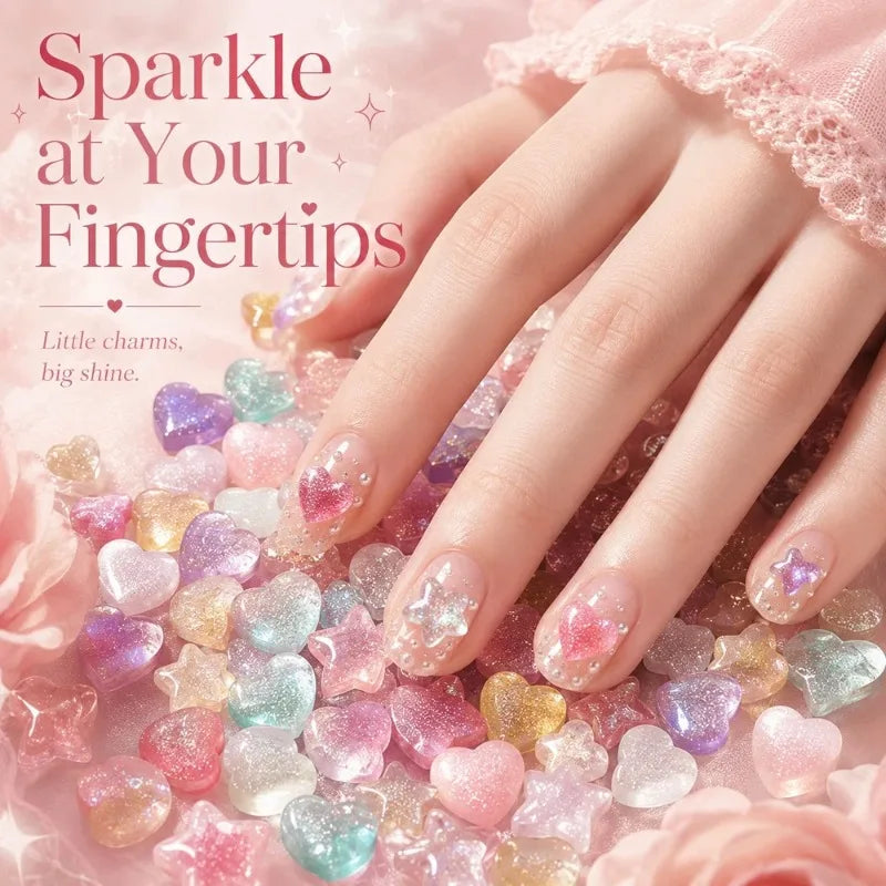 30Pcs 3D Kawaii Nail Charms – Heart Star Iridescent Glitter Kit Nail Art Charms Nixie