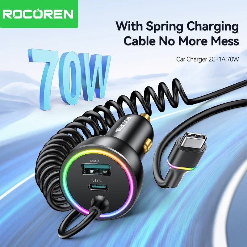 Rocoren 70W USB-C Car Charger with Spring Cable | Fast Charge