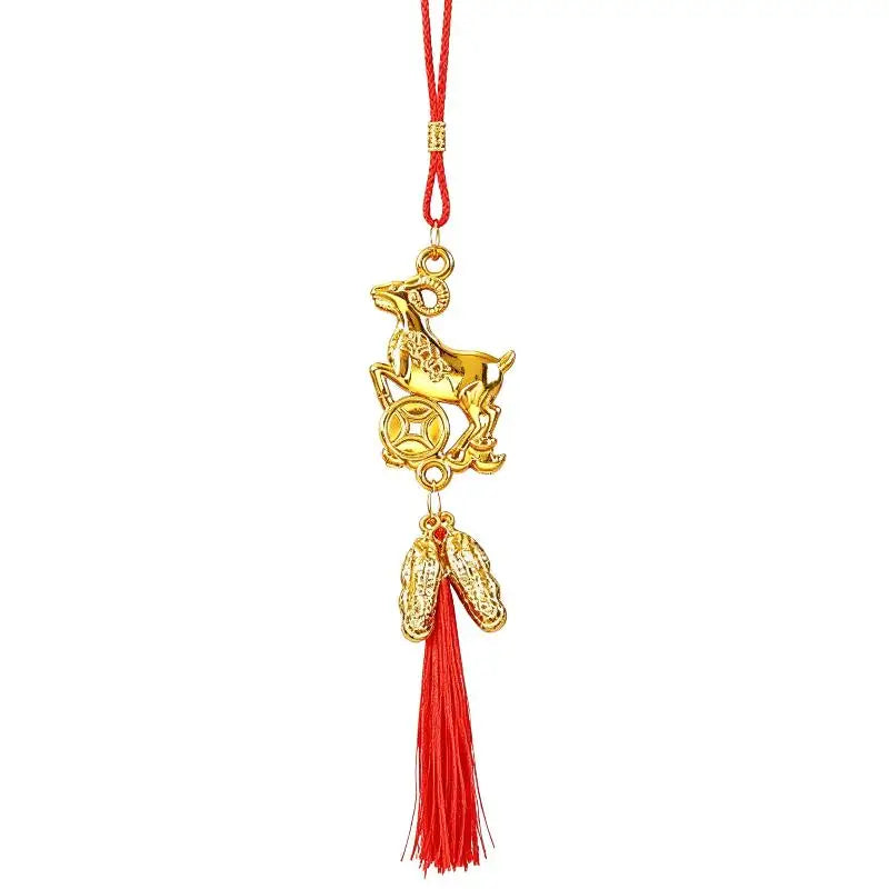 Golden Chinese Zodiac Goat Ornament with Red Tassel Lucky Charm Hanging Ornament Nixie A6