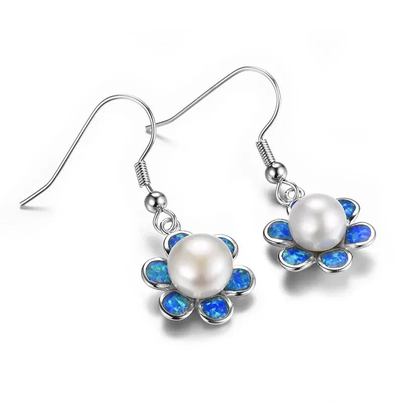 Pearl Dangle Blue Simulated Opal Drop Earrings | Silver Fashion Drop Earrings Nixie
