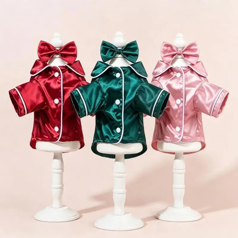Satin Dog Pajamas Set with Bow Headband | Soft Pet Sleepwear