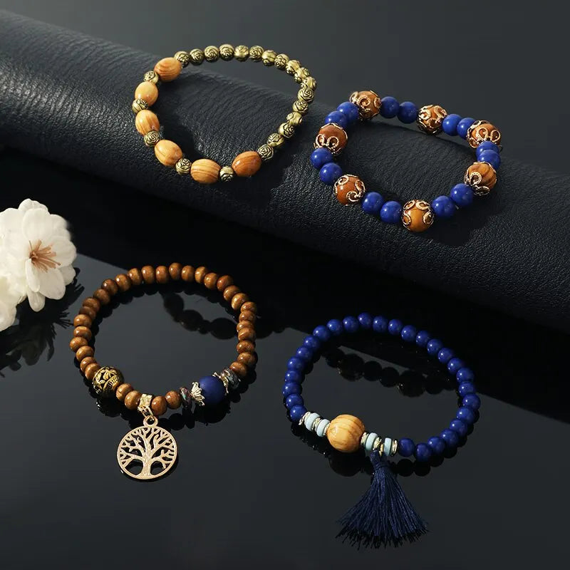4pcs Vintage Boho Bracelet Set – Beads, Tassel & Leaf Pendant Bangle Bracelet Set Nixie