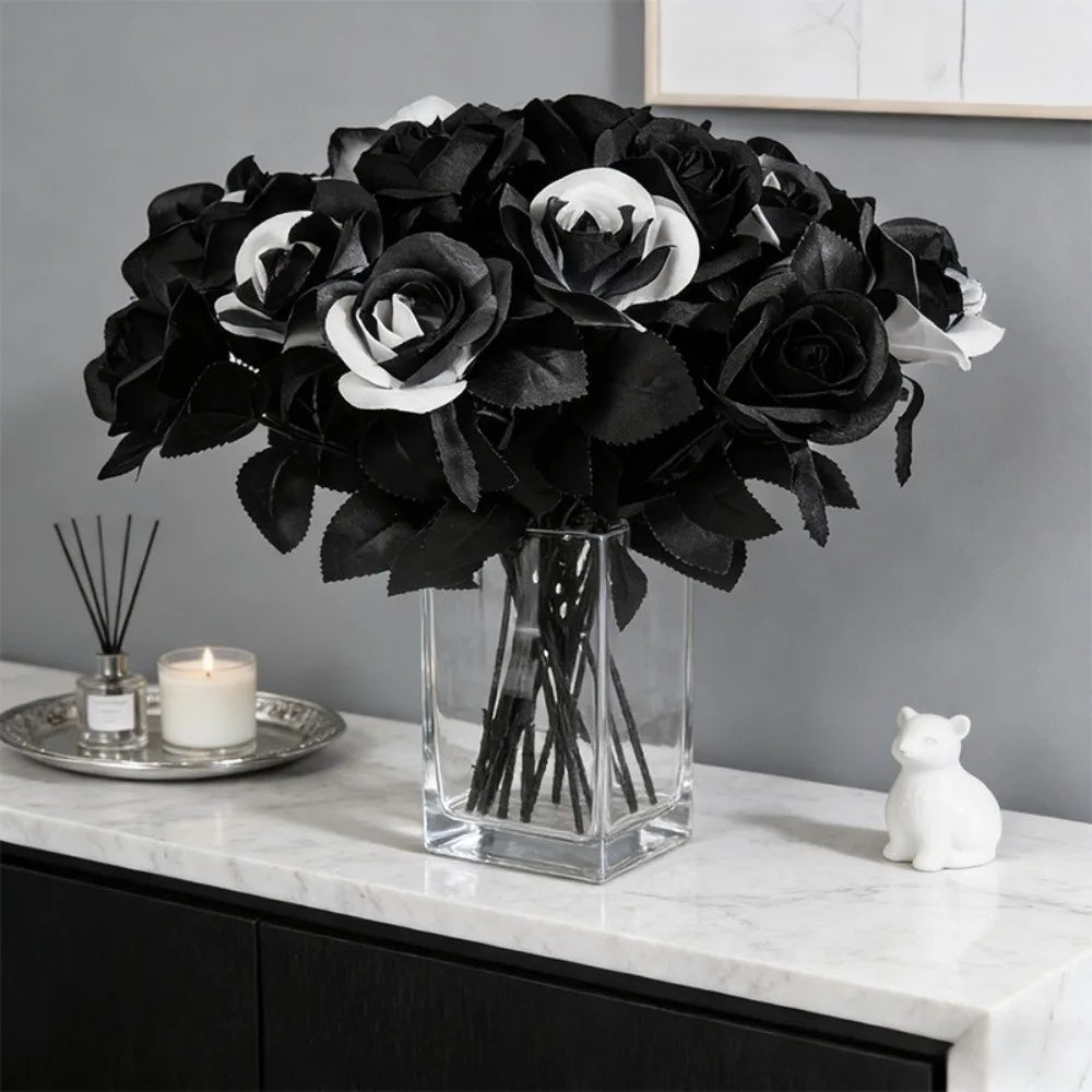 Black & White Artificial Roses Long Stem Fake Flowers Décor