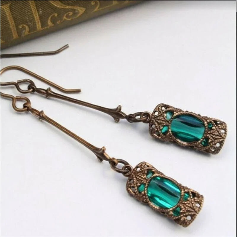 Women's Vintage Antique Gold Zircon Light Green Drop Earrings