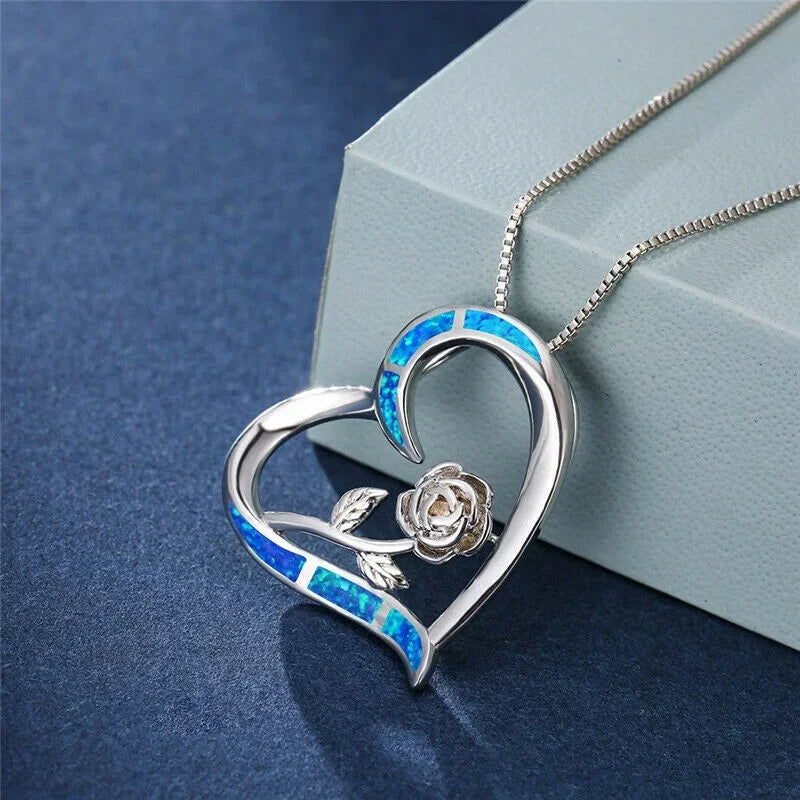 Women's Simulated Opal Rose Flower Heart Pendant Necklace Pendant Necklace Nixie