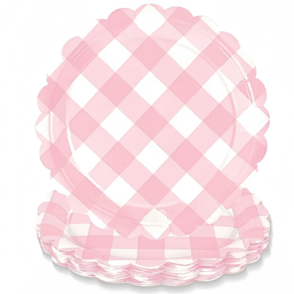 Pink Checkered Party Tableware Set – Serves 25 Guests