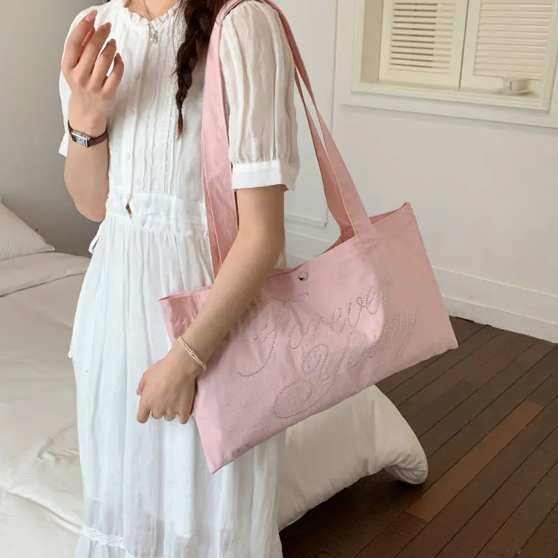Embroidered Heart Canvas Shoulder Tote Bag – Large Women's Canvas Shoulder Tote Nixie